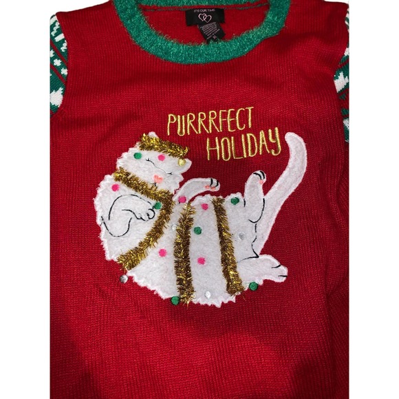 It’s Our Time Christmas Graphic Design Cat Embroidery Pattern Sweater, Size XL - Picture 2 of 11